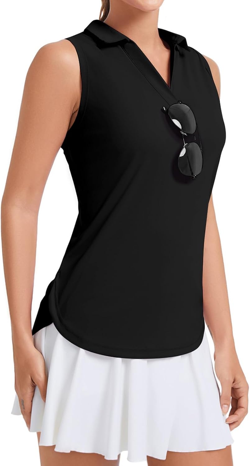 Golf Polo Shirts for Women V Neck Collared Sveless Tennis Tops Quick Dry UPF 50+ Sun Protection Work Athletic Tank Top
